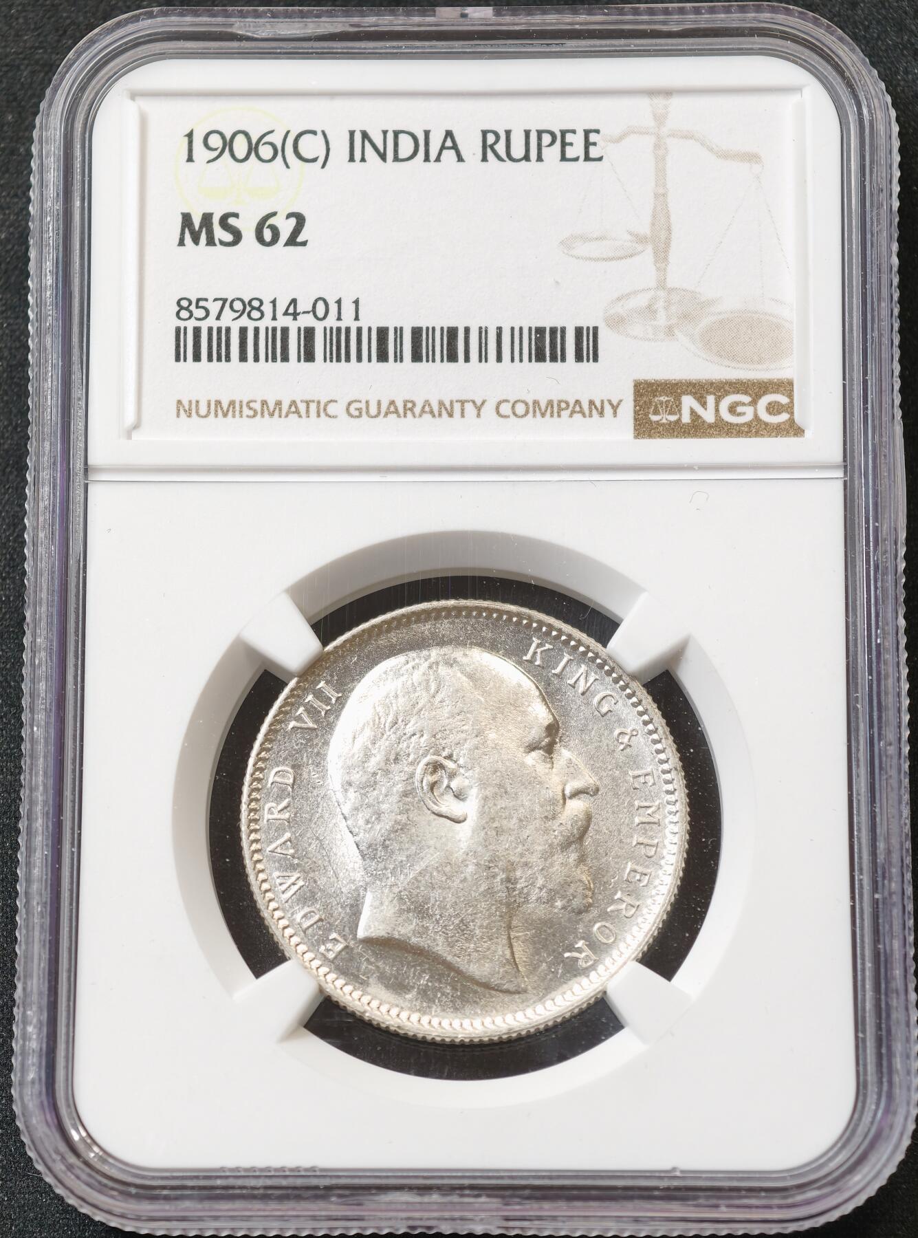 甄臻铺-世界币章拍卖（第59期），甄品场拍品征集中，送拍享返佣金等优惠多多 NGC-MS62 1906年爱德华七世英属印度卢比，爱德华七世的卢比很少见，MS的更难找，少见品种