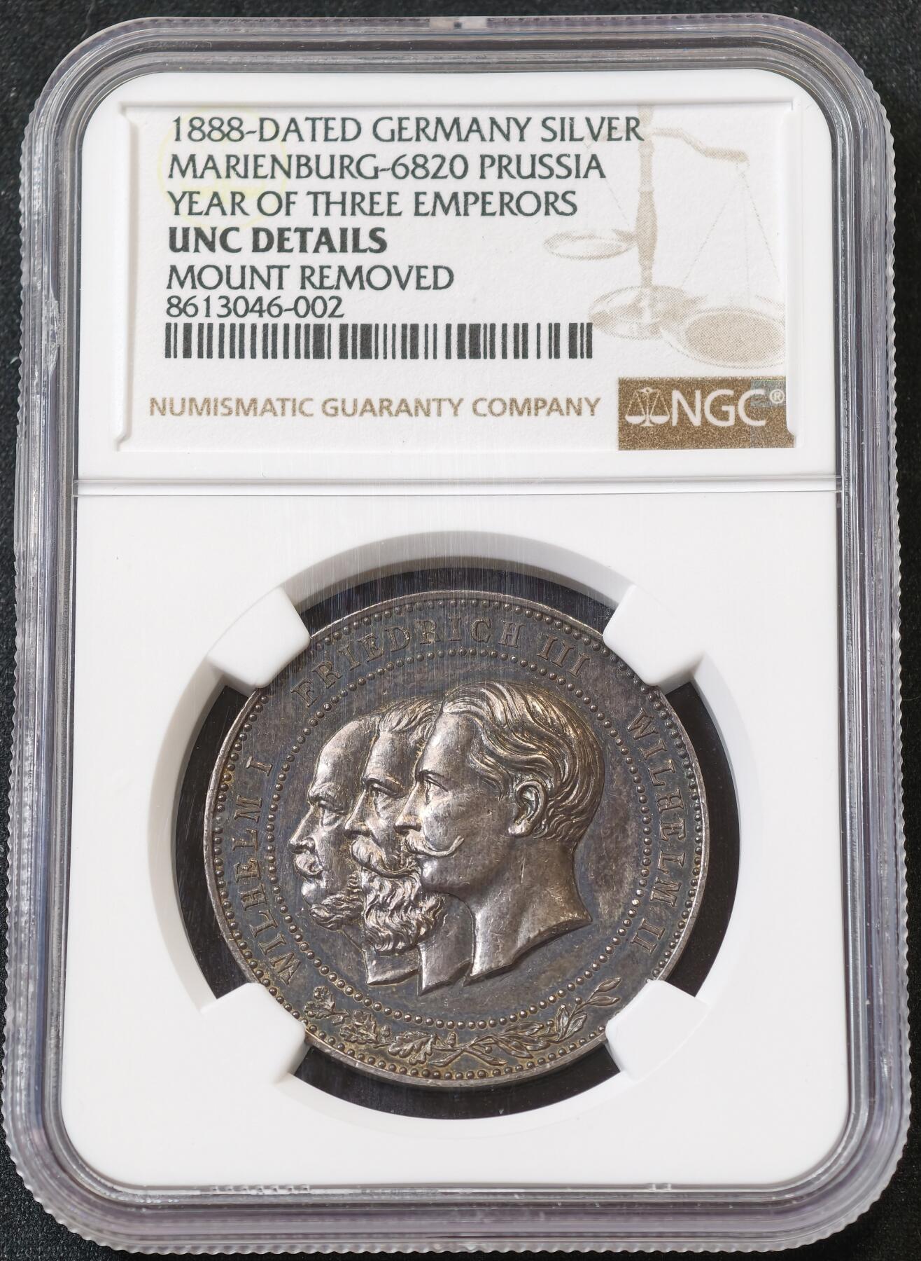 甄臻铺-世界币章拍卖（第59期），甄品场拍品征集中，送拍享返佣金等优惠多多 NGC-UNCD 德国1888年三皇之年普鲁士鹰纪念银章 2026年3月麦稀奇拍卖同UNC品相最高成交价1600元，德国钱币经典名誉品，纪念1888年“三皇之年”特殊历史节点，全深打高浮雕帝国鹰，原味黑彩老包浆，德章大热门，鸽子重拍