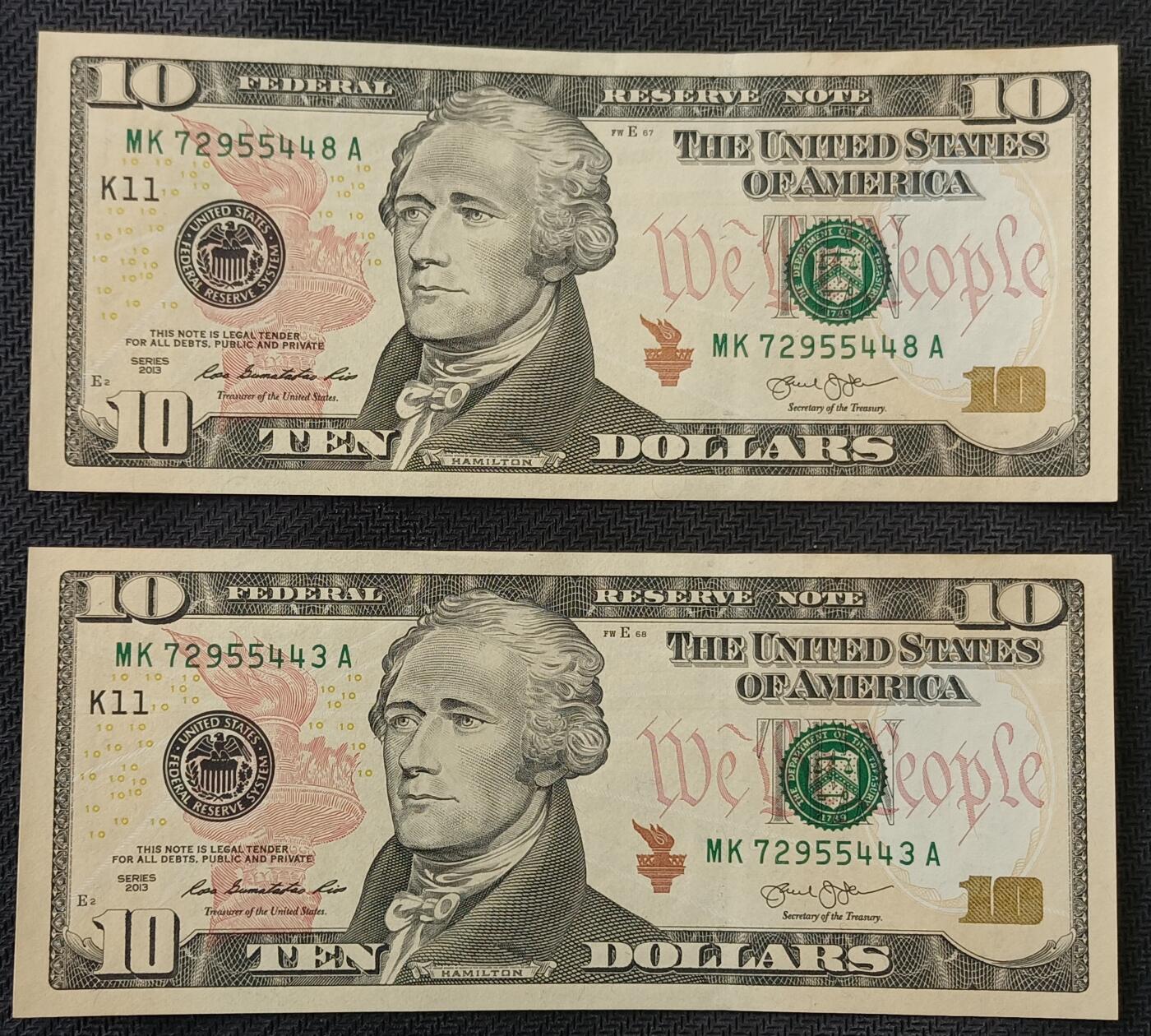 【游宝包邮场】丙午马年第21期 首季收官场 美国10美元2张 2013年 K-达拉斯 全新UNC-