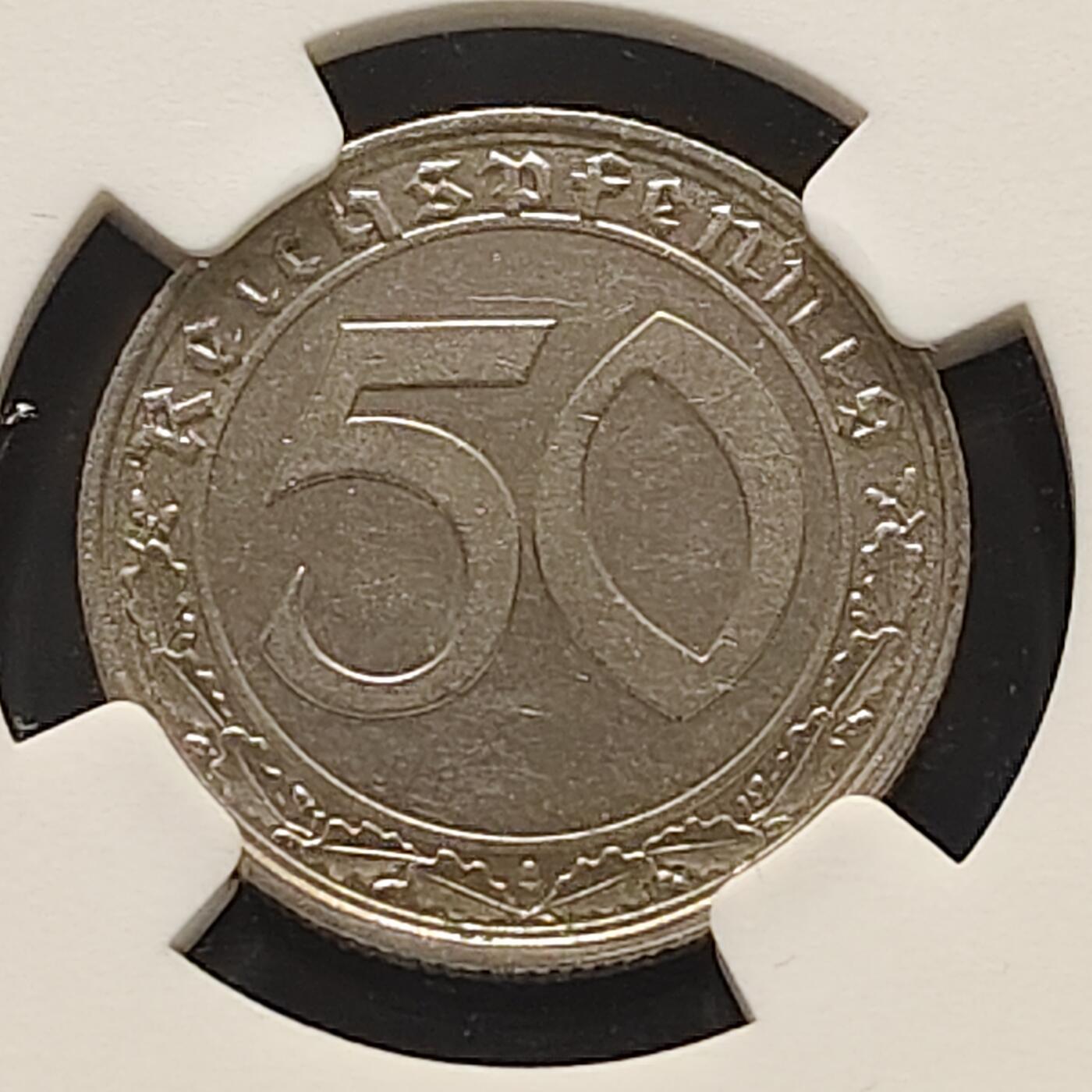 【全场包邮】纯粹捡漏拍519场 德国第三帝国1939年50芬尼A厂镍版-NGC UNC DETAILS