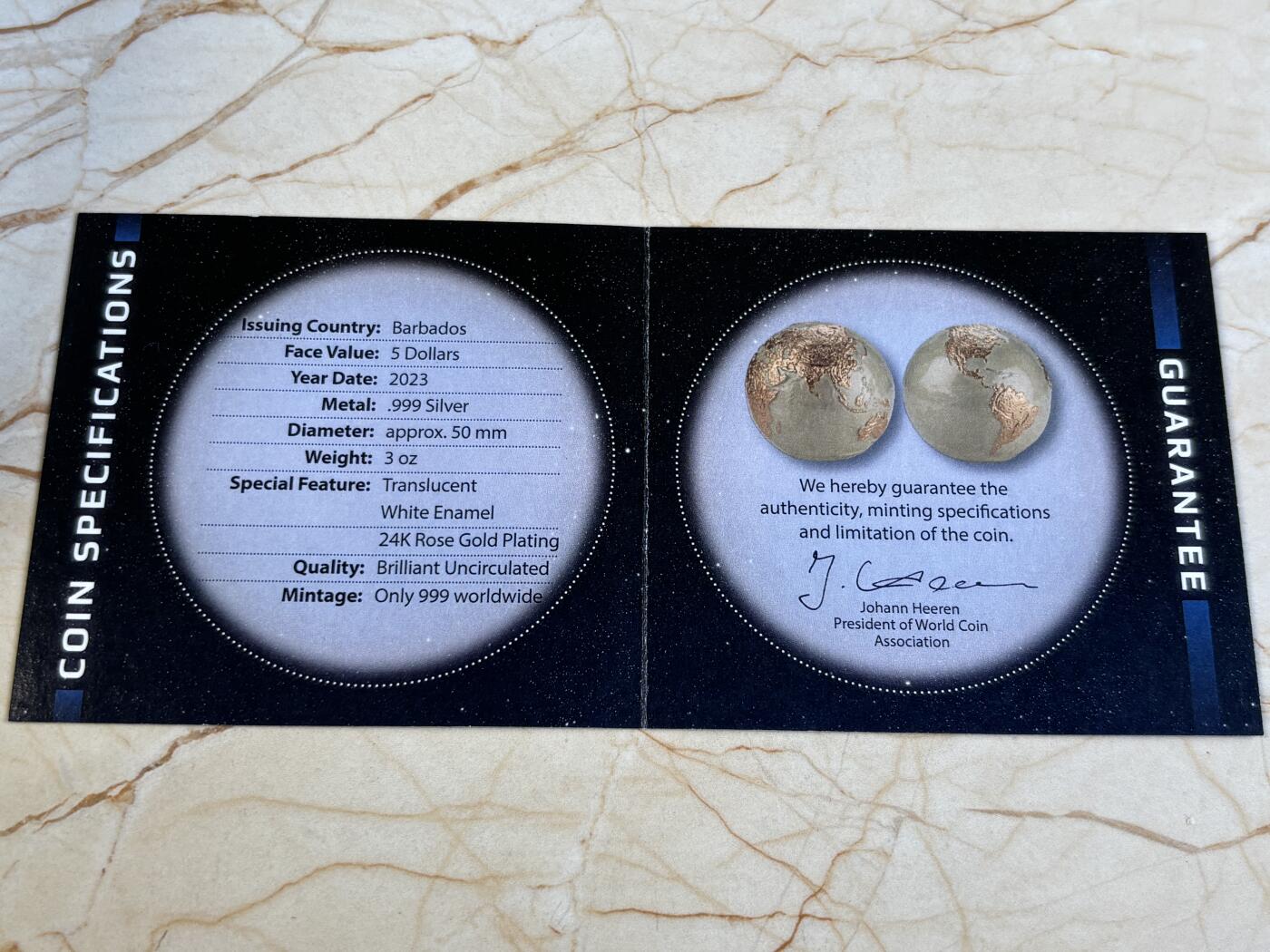 第197期拍卖 巴巴多斯2023年明亮大理石地球3盎司球形镀金银币，999银，发行999枚