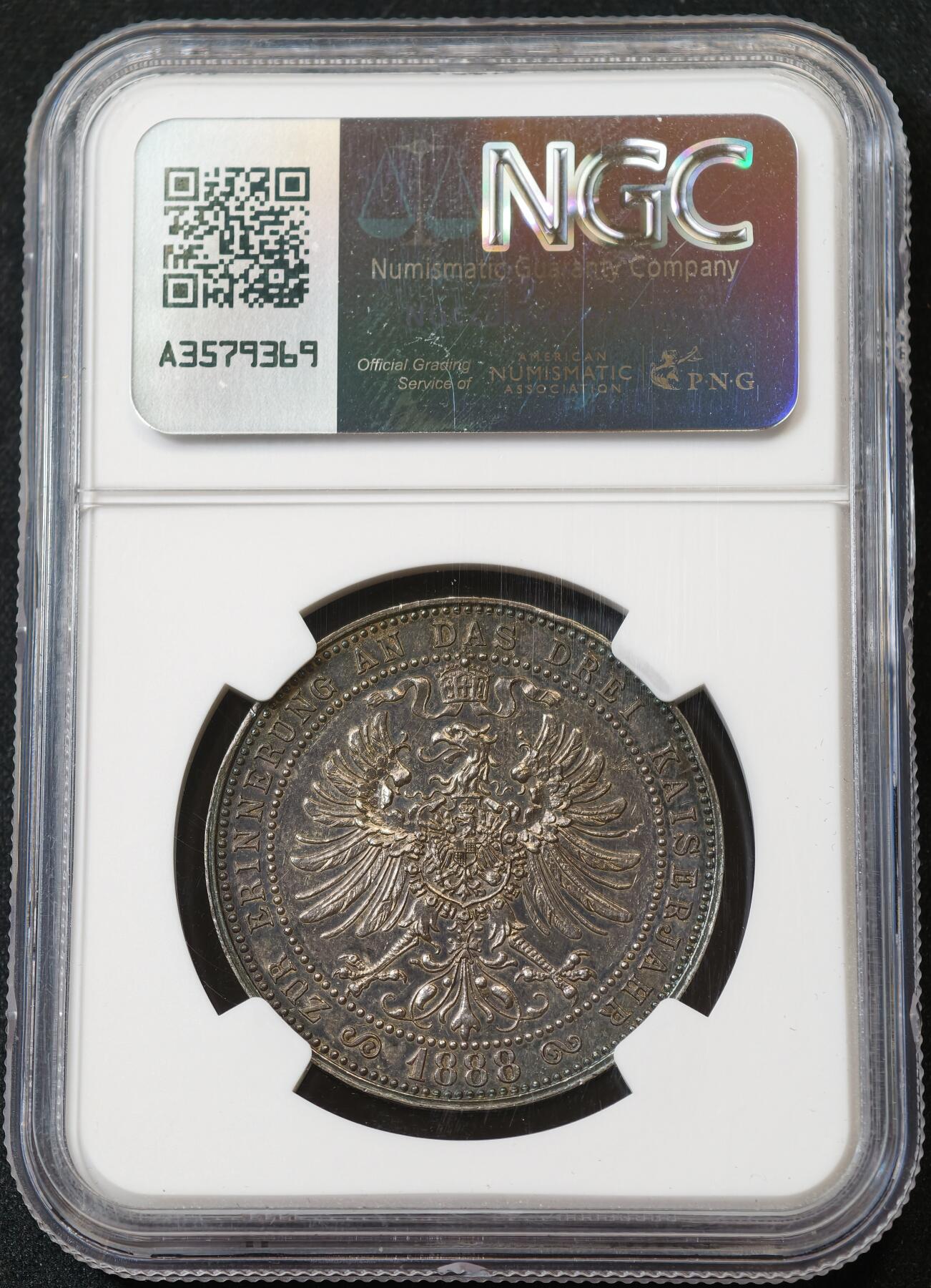 甄臻铺-世界币章拍卖（第59期），甄品场拍品征集中，送拍享返佣金等优惠多多 NGC-UNCD 德国1888年三皇之年普鲁士鹰纪念银章 2026年3月麦稀奇拍卖同UNC品相最高成交价1600元，德国钱币经典名誉品，纪念1888年“三皇之年”特殊历史节点，全深打高浮雕帝国鹰，原味黑彩老包浆，德章大热门，鸽子重拍