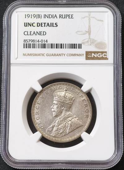 甄臻铺-世界币章拍卖（第59期），甄品场拍品征集中，送拍享返佣金等优惠多多 - NGC-UNCD 1919年英属印度乔治五世卢比，卷拆，淡淡灰色包浆
