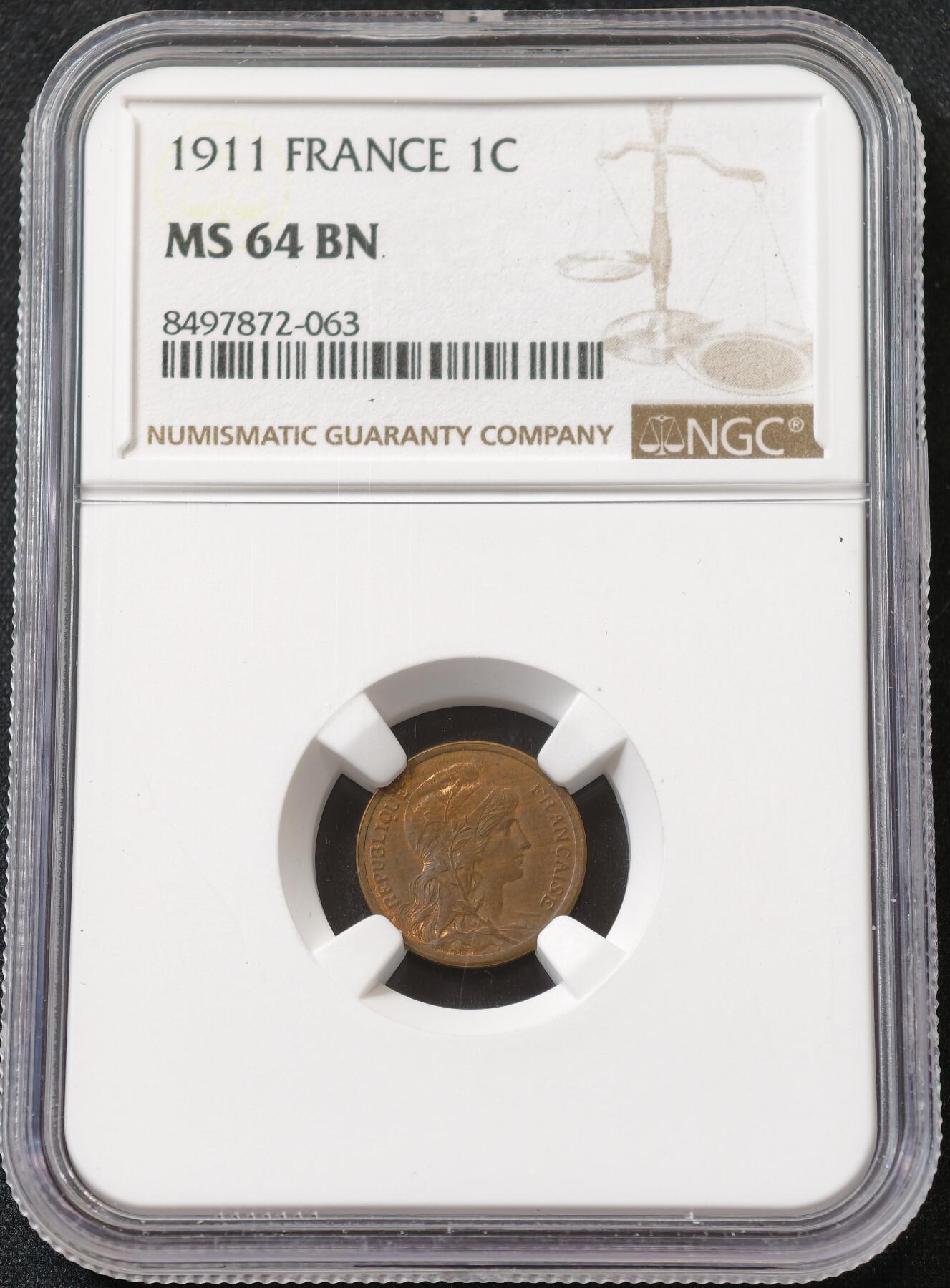 甄臻铺-世界币章拍卖（第59期），甄品场拍品征集中，送拍享返佣金等优惠多多 NGC-MS64BN 法国 1911年 1分 铜币