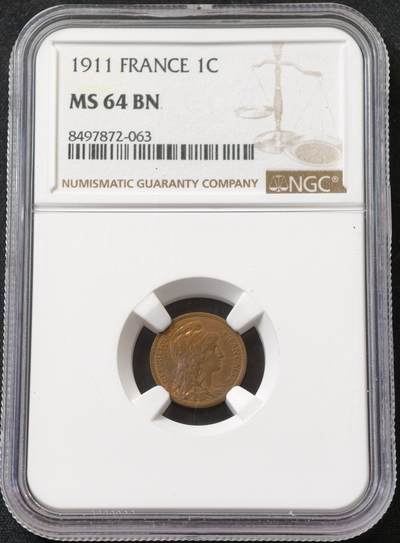 甄臻铺-世界币章拍卖（第59期），甄品场拍品征集中，送拍享返佣金等优惠多多 - NGC-MS64BN 法国 1911年 1分 铜币