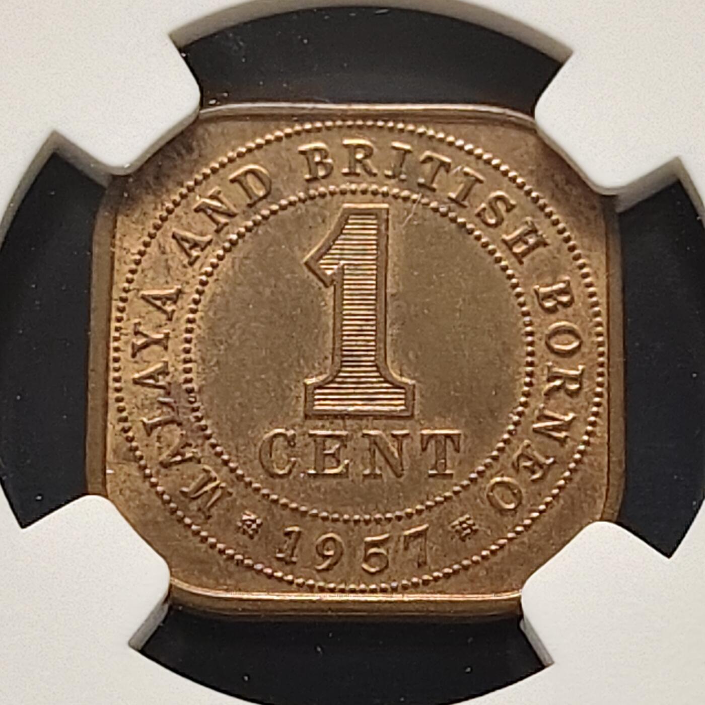 【全场包邮】纯粹捡漏拍519场 马来亚和英属北婆罗洲1957年女王方形1分铜币-NGC MS63 RB