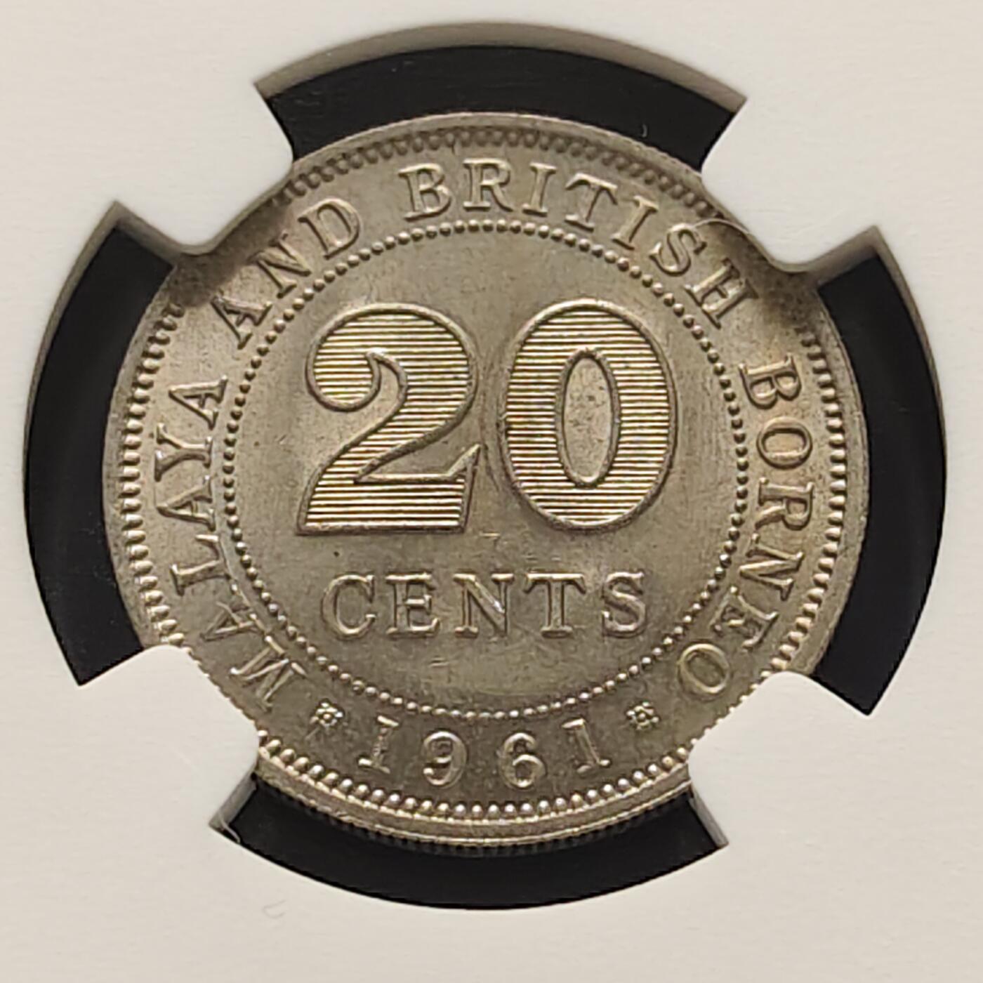 【全场包邮】纯粹捡漏拍519场 马来亚和英属北婆罗洲1961年女王20分-NGC MS63