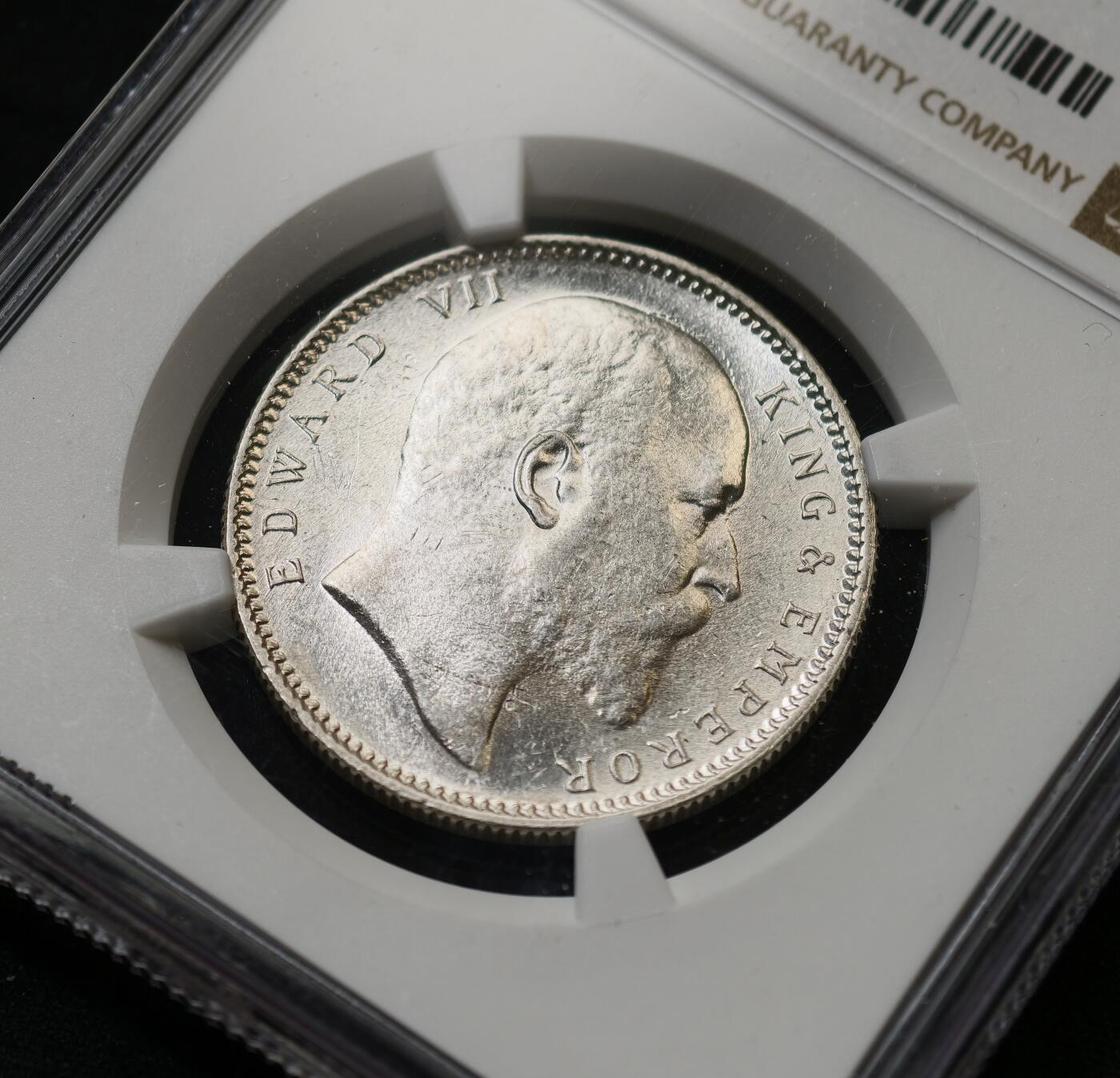 甄臻铺-世界币章拍卖（第59期），甄品场拍品征集中，送拍享返佣金等优惠多多 NGC-MS62 1906年爱德华七世英属印度卢比，爱德华七世的卢比很少见，MS的更难找，少见品种