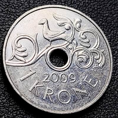 泉币菌-第223场-拍品多 请提前出价(工作原因  发货比较迟缓 已在拍卖规则里面说明 望理解) - 哈拉尔五世小鸟 挪威1克朗圆孔铜镍硬币 21.0毫米 4.3克