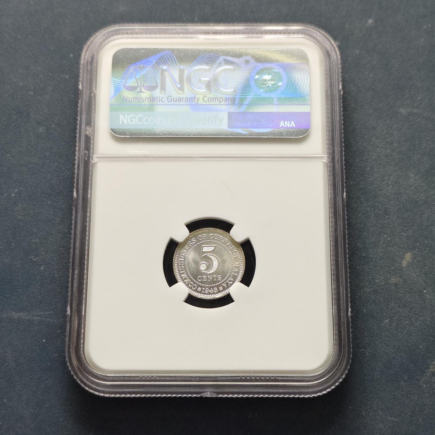 【全场包邮】纯粹捡漏拍519场 英属马来亚1943年乔治六世50%低银版5分银币-NGC MS64