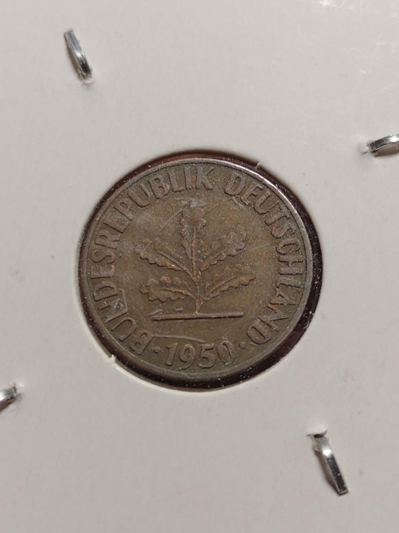 2026年第四十二场(总第二百一十一场）外国好品散币场(佣金3%) 纸夹币–德国🇩🇪1980年10芬尼(J标汉堡造)，1977、1982年10芬尼(D标慕尼黑造)，1991年5芬尼(A标柏林造)，1959年1芬尼(D标慕尼黑造)共五枚