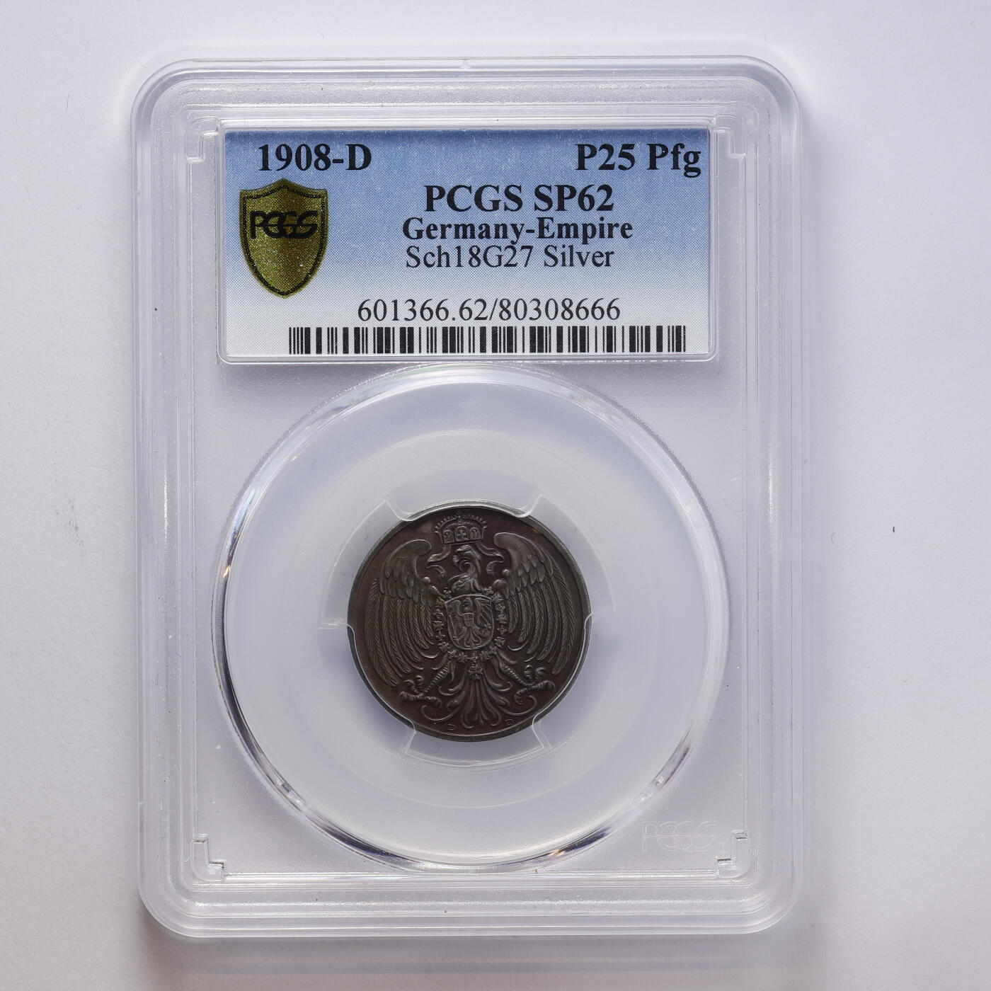 观钱 近现代机制币拍卖No.008（全场顺丰包邮，不区分偏远地区）  1908年德国25芬尼银样币 PCGS SP62 仅两个记录 。光边。银币。直径22.40毫米，重量4.18克。德国样币目录Schaaf18/G 27号；Beckenbauer收藏目录参见3157页 珍惜度r  非常稀少！非镀银 镀镍版本可比 10多年前德国集藏拍卖中裸币成交价3000，德意志帝国钱币收藏中不可或缺的一枚。