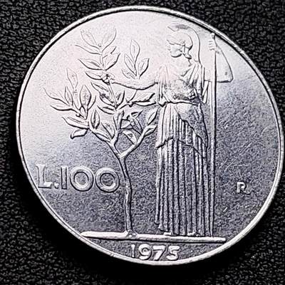 泉币菌-第222场-拍品多 请提前出价 - 1975意大利早期100里拉 月亮和记忆女神密涅瓦 不锈钢币 27.8mm