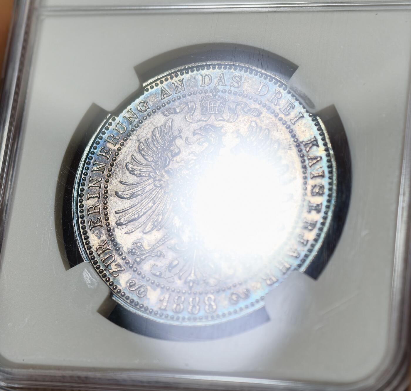 甄臻铺-世界币章拍卖（第59期），甄品场拍品征集中，送拍享返佣金等优惠多多 NGC-UNCD 德国1888年三皇之年普鲁士鹰纪念银章 2026年3月麦稀奇拍卖同UNC品相最高成交价1600元，德国钱币经典名誉品，纪念1888年“三皇之年”特殊历史节点，全深打高浮雕帝国鹰，原味黑彩老包浆，德章大热门，鸽子重拍