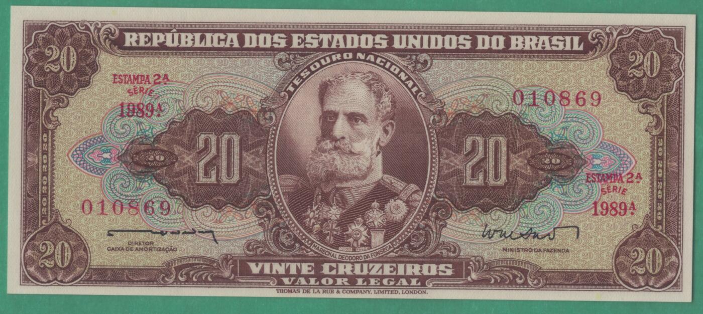 巴西1962年20克鲁塞罗 P-178 第1989组 签名如图 A冠 倒置号 尾869 实物图 UNC