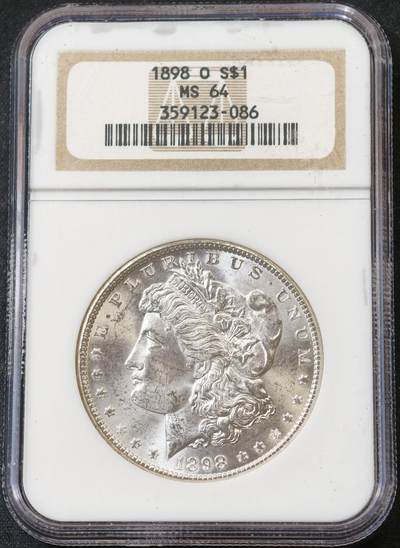 甄臻铺-世界币章拍卖（第59期），甄品场拍品征集中，送拍享返佣金等优惠多多 - NGC-MS64 1898年美国O版摩根，少见年份，老盒子严评，盒子手感很好，背面标签时间太久了已经脱落了，盒子没问题