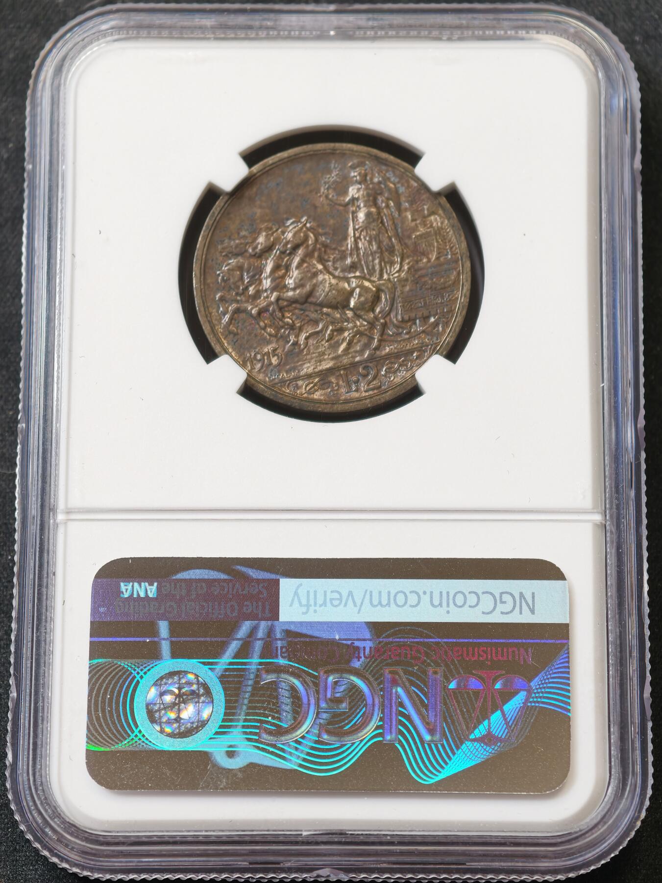 甄臻铺-世界币章拍卖（第59期），甄品场拍品征集中，送拍享返佣金等优惠多多 NGC-AU53 1915年意大利2里拉，紫罗兰包浆，状态超级好，低评了