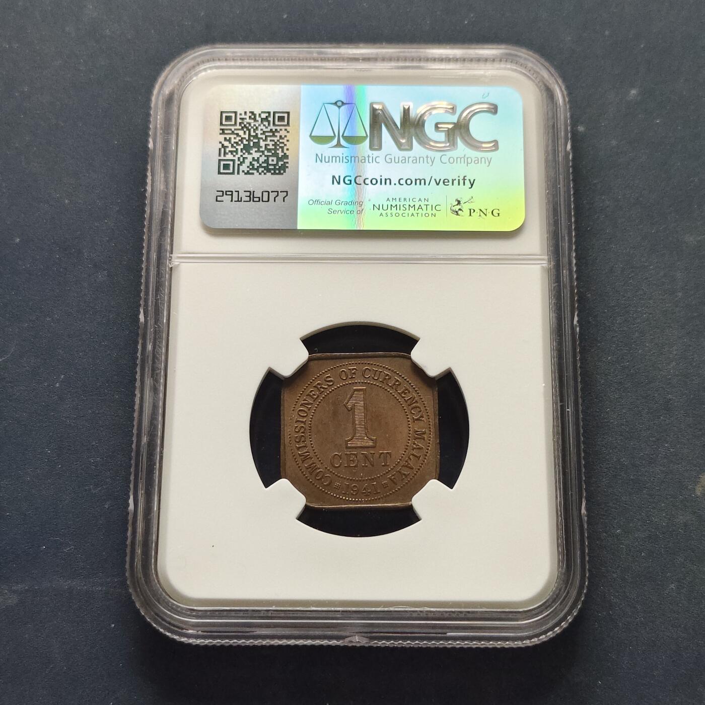 【全场包邮】纯粹捡漏拍519场 英属马来亚1941年乔治六世大版本（21毫米）1分方形铜币-NGC MS62 BN