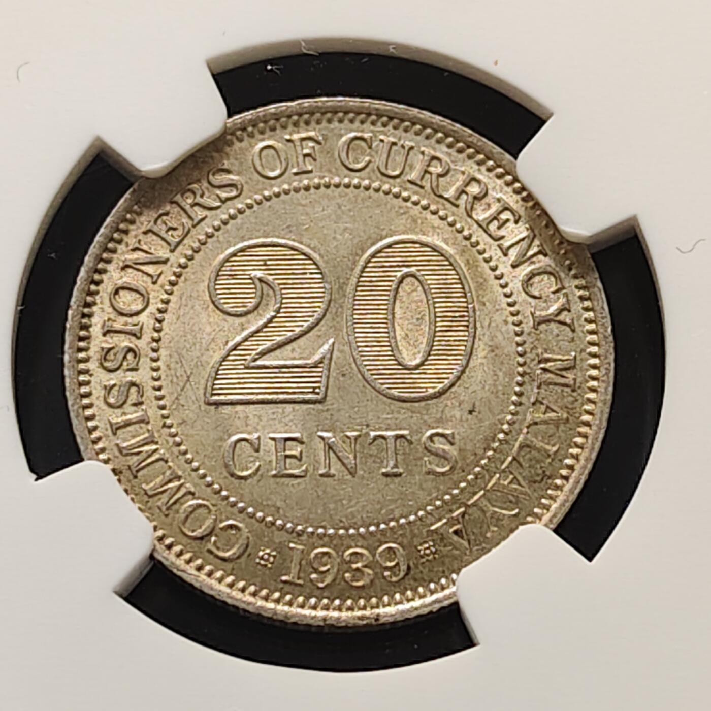 【全场包邮】纯粹捡漏拍519场 英属马来亚1939年乔治六世75%高银版20分银币-NGC MS61