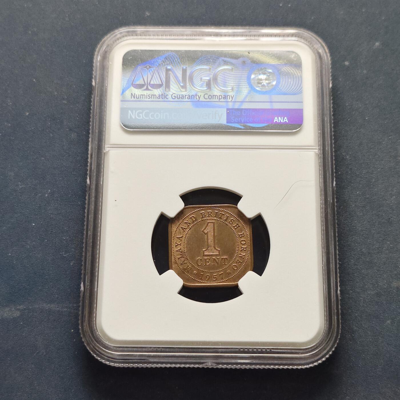 【全场包邮】纯粹捡漏拍519场 马来亚和英属北婆罗洲1957年女王方形1分铜币-NGC MS63 RB