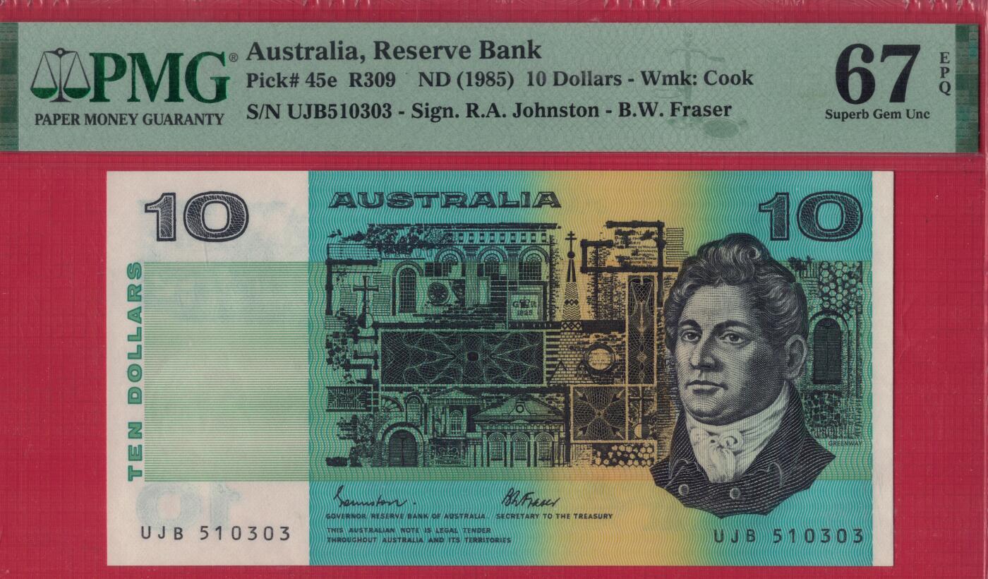 澳大利亚1985年10元 P-45e 无47 签名如图 实物图 UNC