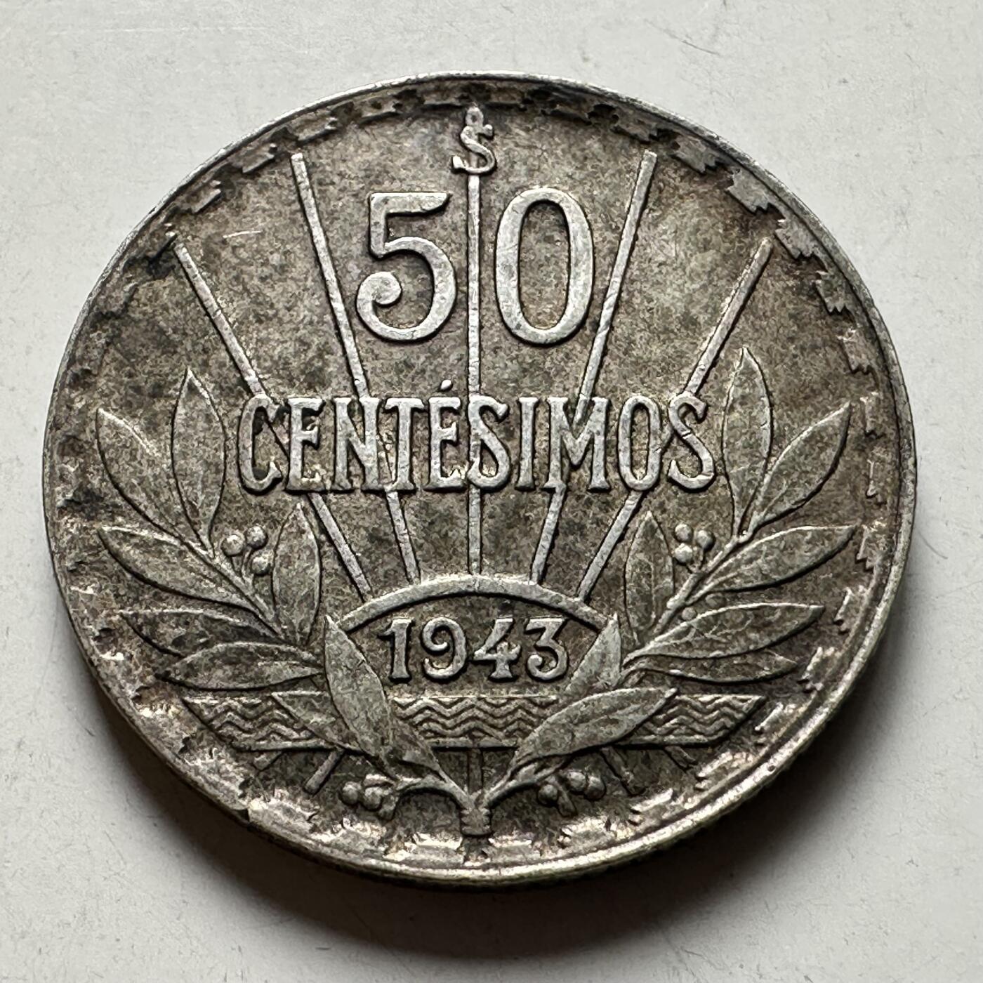 🌹外币初藏🌹🐯2026年第40场   每周二四六晚8️⃣点 世界钱币 乌拉圭 1943年 阿蒂加斯 50分银币 7.00克-24毫米-72%银