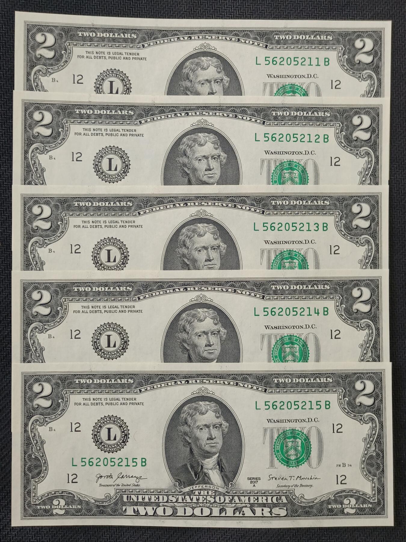 【游宝包邮场】丙午马年第21期 首季收官场 美国2美元 五连号 无47钻石号 56205211~215 全新UNC