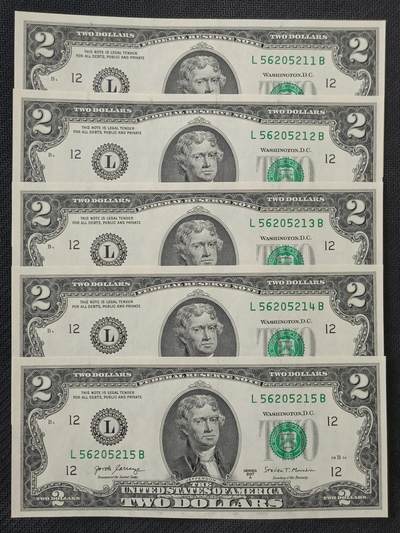 【游宝包邮场】丙午马年第21期 首季收官场 - 美国2美元 五连号 无47钻石号 56205211~215 全新UNC