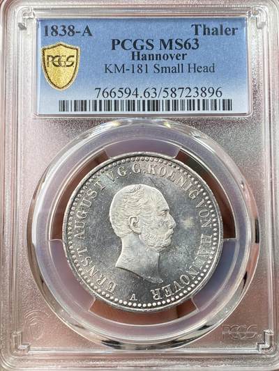 万国钱币拍卖第065期 - PCGS MS63 1838年德国汉诺威奥古斯特一世英式盾徽版流通1泰勒 1838小头版本 PCGS唯一冠军分 汉诺威王国独立初期钱币铸造颇为粗糙 此枚无论底板亦或打制均属顶级 头像与盾徽的喷砂质感与银霜转光地板形成鲜明对比 绝对是汉诺威系列中罕有的顶级典藏品质
