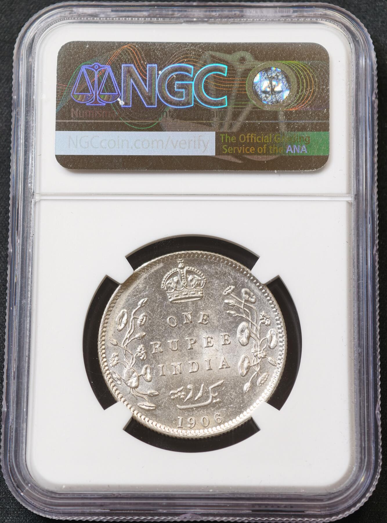 甄臻铺-世界币章拍卖（第59期），甄品场拍品征集中，送拍享返佣金等优惠多多 NGC-MS62 1906年爱德华七世英属印度卢比，爱德华七世的卢比很少见，MS的更难找，少见品种