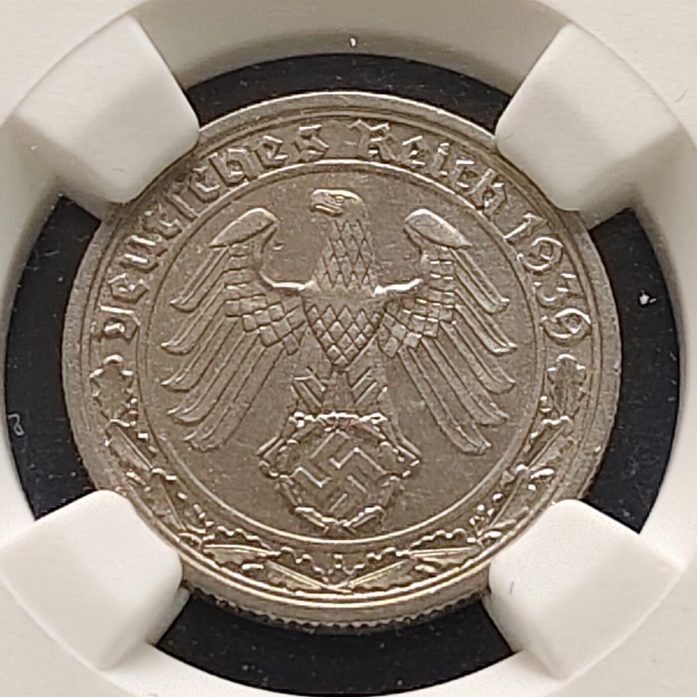 【全场包邮】纯粹捡漏拍519场 德国第三帝国1939年50芬尼A厂镍版-NGC UNC DETAILS