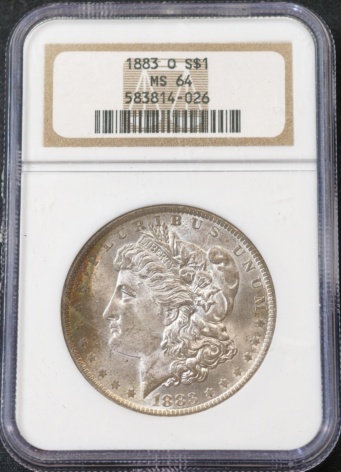 甄臻铺-世界币章拍卖（第59期），甄品场拍品征集中，送拍享返佣金等优惠多多 NGC-MS64 1883年美国O版摩根，老盒子手感很好，年份不多见，淡淡彩虹包浆