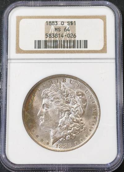 甄臻铺-世界币章拍卖（第59期），甄品场拍品征集中，送拍享返佣金等优惠多多 - NGC-MS64 1883年美国O版摩根，老盒子手感很好，年份不多见，淡淡彩虹包浆