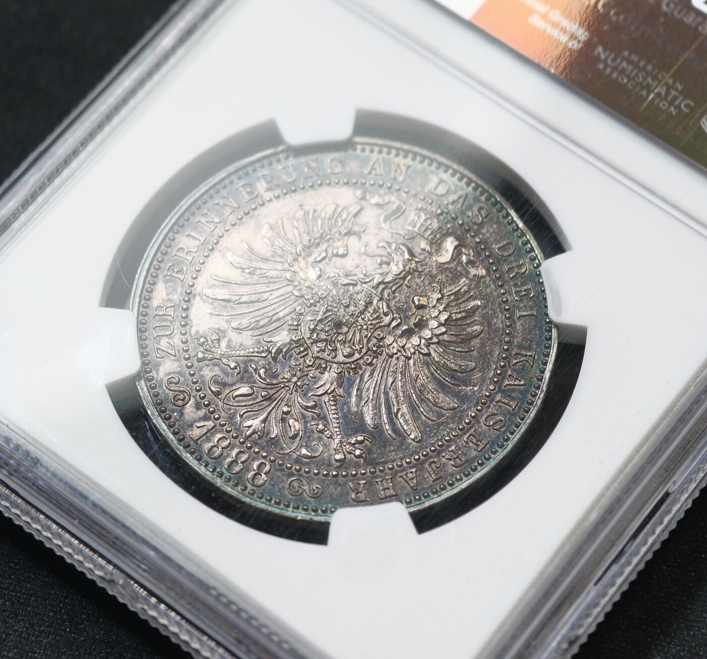 甄臻铺-世界币章拍卖（第59期），甄品场拍品征集中，送拍享返佣金等优惠多多 NGC-UNCD 德国1888年三皇之年普鲁士鹰纪念银章 2026年3月麦稀奇拍卖同UNC品相最高成交价1600元，德国钱币经典名誉品，纪念1888年“三皇之年”特殊历史节点，全深打高浮雕帝国鹰，原味黑彩老包浆，德章大热门，鸽子重拍