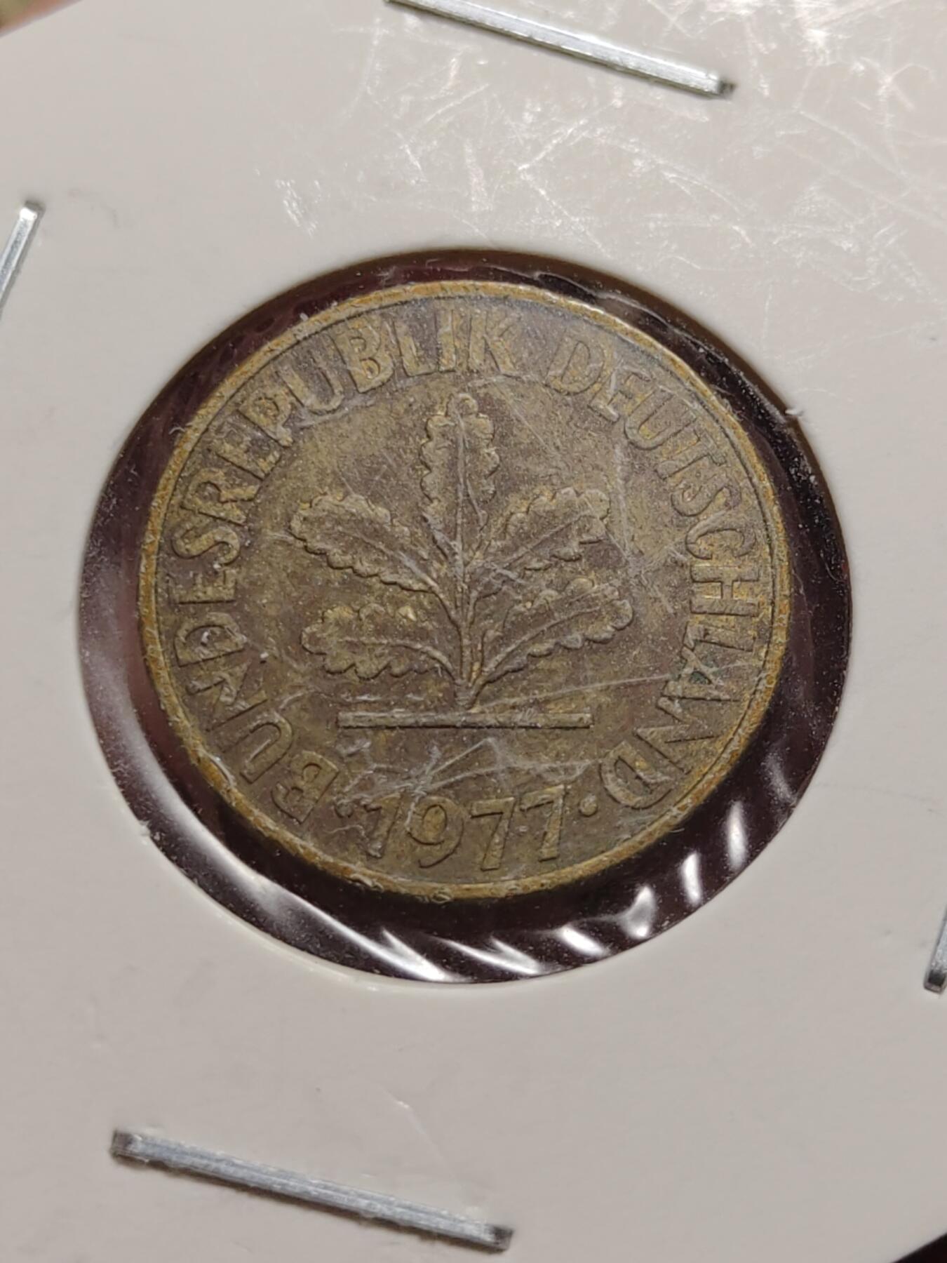 2026年第四十二场(总第二百一十一场）外国好品散币场(佣金3%) 纸夹币–德国🇩🇪1980年10芬尼(J标汉堡造)，1977、1982年10芬尼(D标慕尼黑造)，1991年5芬尼(A标柏林造)，1959年1芬尼(D标慕尼黑造)共五枚