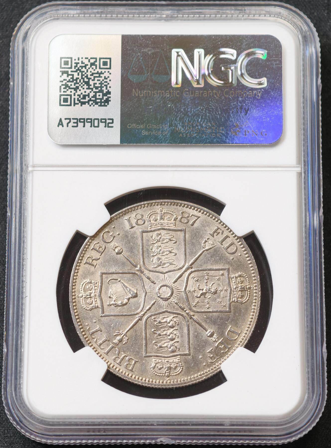 甄臻铺-世界币章拍卖（第59期），甄品场拍品征集中，送拍享返佣金等优惠多多 NGC-UNCD 1887年维多利亚高冠双弗洛林，罗马数字版，转光很不错，养一养可以搏一搏