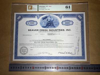 【礼羽收藏】🌏世界钱币拍卖第132期 - 【N 30349】1971年美国Beaver Creek Industries公司100股普通股凭证，每股面值1美元，N冠，PCGS64 Choice UNC 评级