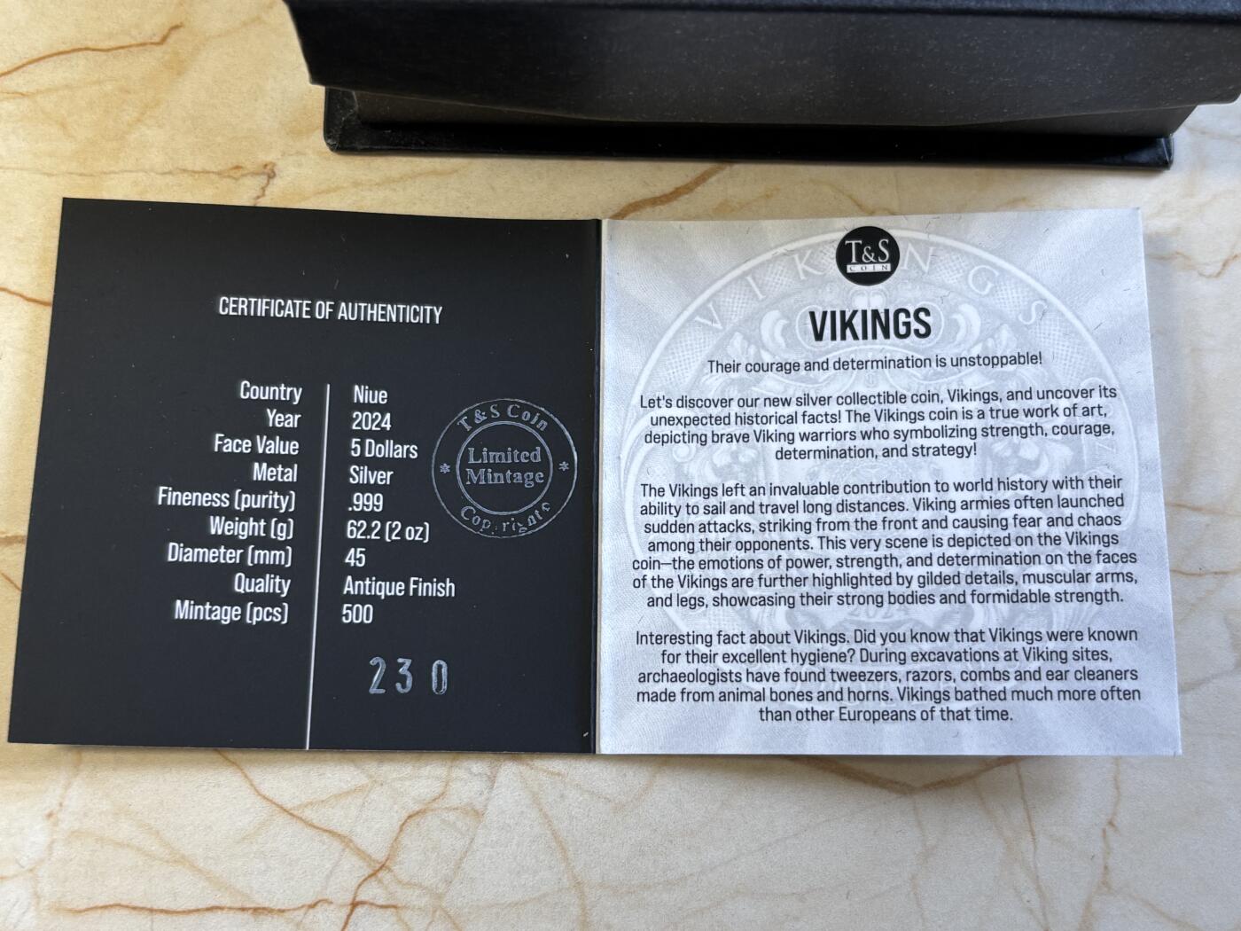 第197期拍卖 纽埃2024年维京人2盎司高浮雕仿古镀金纪念银币，999银，发行500枚