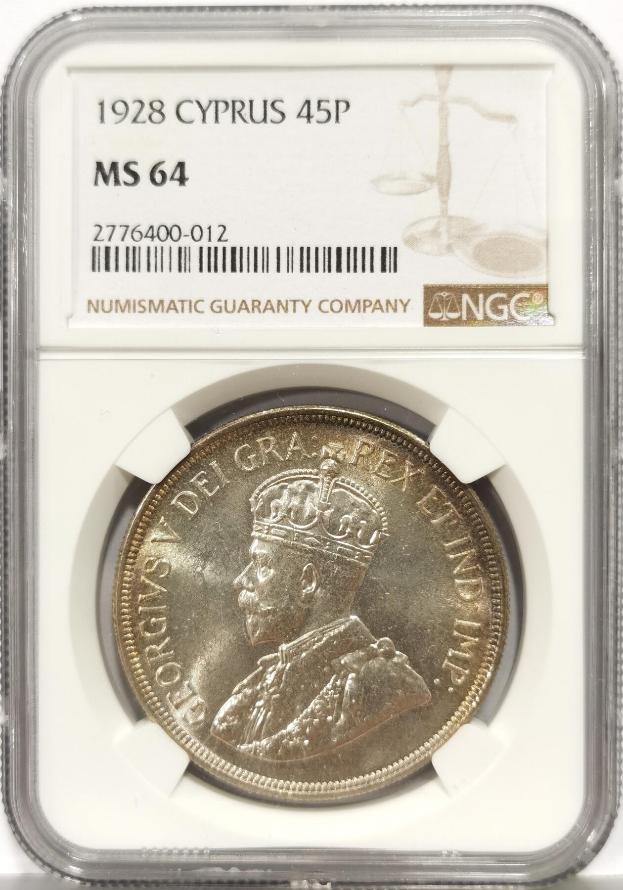 博洋堂世界钱币拍卖第168期（全场包邮） NGC MS64 英属塞浦路斯1928年乔五45P大银币，乔五时期殖民地唯二的克朗型大银，光度一流。