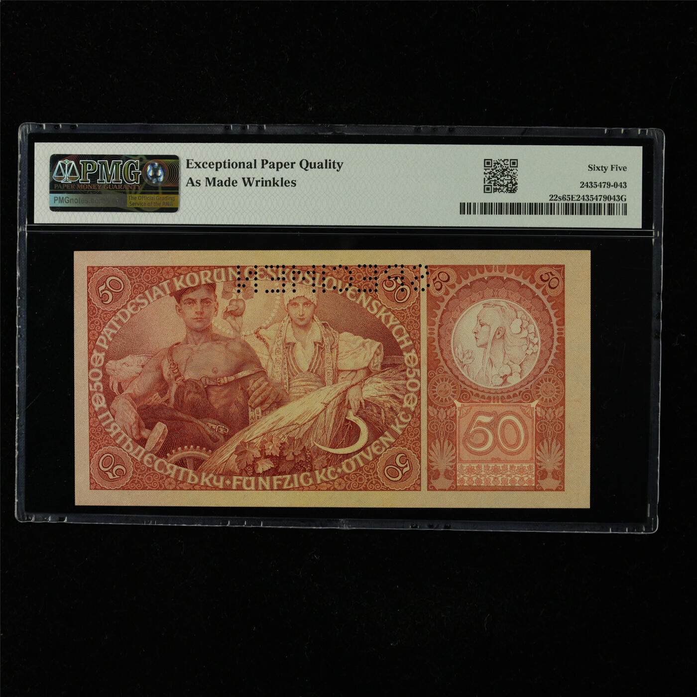 【亘邦集藏】第227期拍卖 1929年 捷克斯洛伐克国家银行样钞50克朗 PMG 65EPQ AB178305