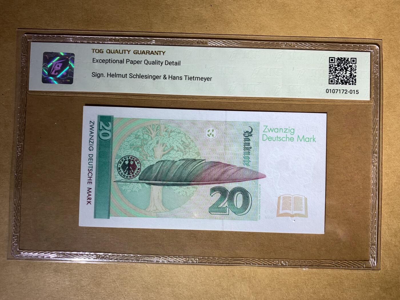 【礼羽收藏】🌏世界钱币拍卖第132期 【AA0145588L0】1991年德国联邦银行20马克纸币，Pick#39a，AA冠，TOG66 GEM UNC 高分评级
