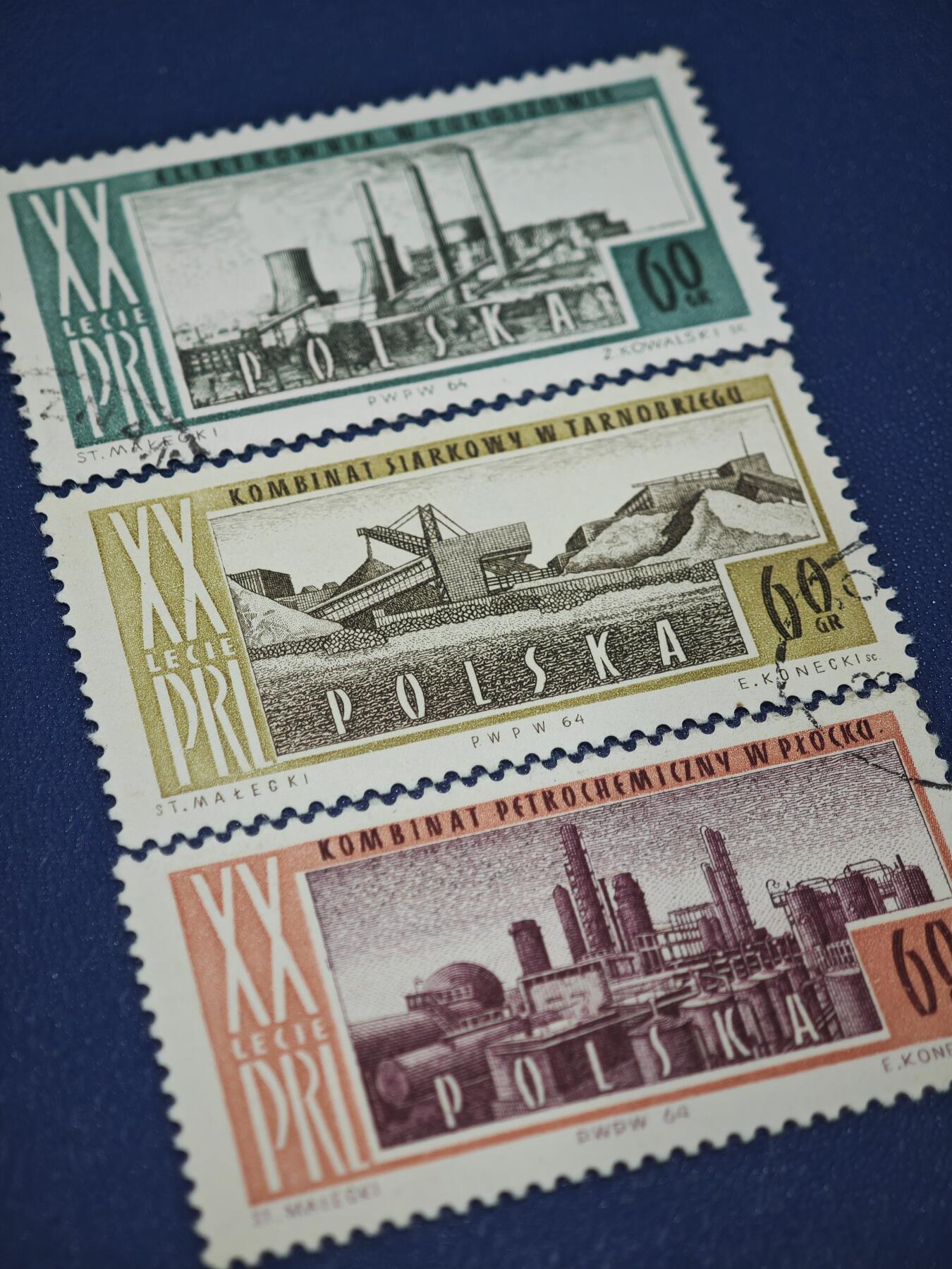橙子收藏第八期(社会主义国家邮票专场) 波兰1964年发行的波兰人民共和国（PRL）成立20周年工业成就纪念邮票，是其中3枚60格罗希面值的信销票，是冷战时期波兰工业建设的时代缩影