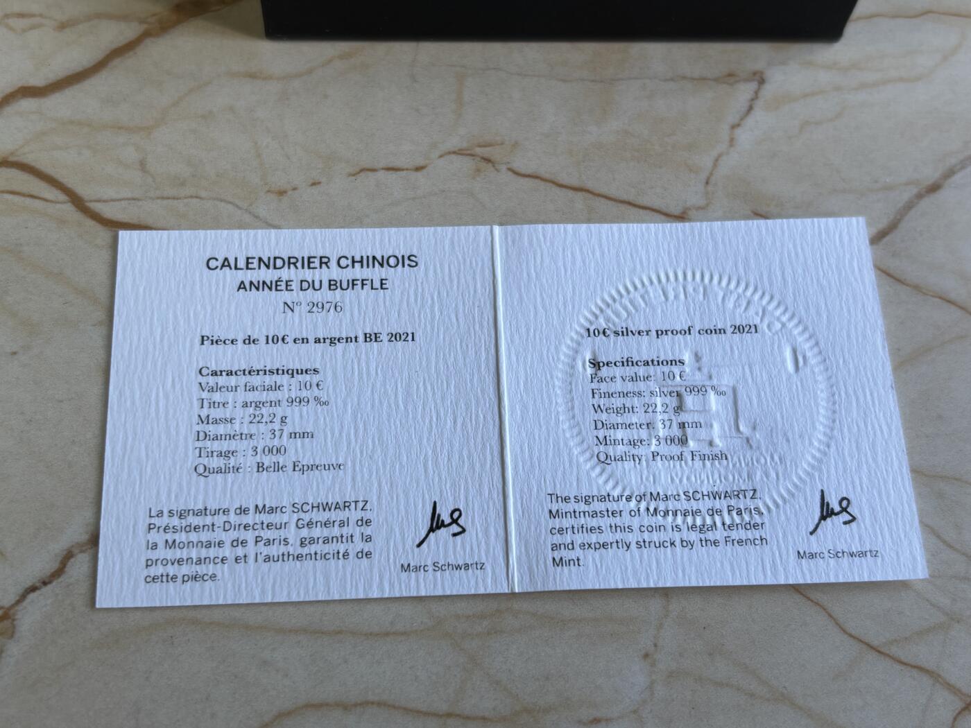 第197期拍卖 法国2021年中国生肖系列生肖牛年10欧精制银币，900银，22.2克，发行2500枚