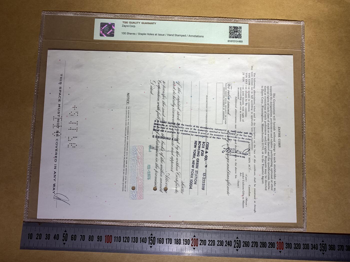 【礼羽收藏】🌏世界钱币拍卖第132期 【NC201302】1976年美国Zayre Corp.公司100股普通股凭证，每股面值1美元，NC冠，无47尾302 永恒号，TOG64 Choice UNC 评级