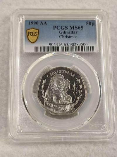 G&W世界散币，银币处理专场（第47场） - PCGS-MS65  直布罗陀1990年圣诞节50便士