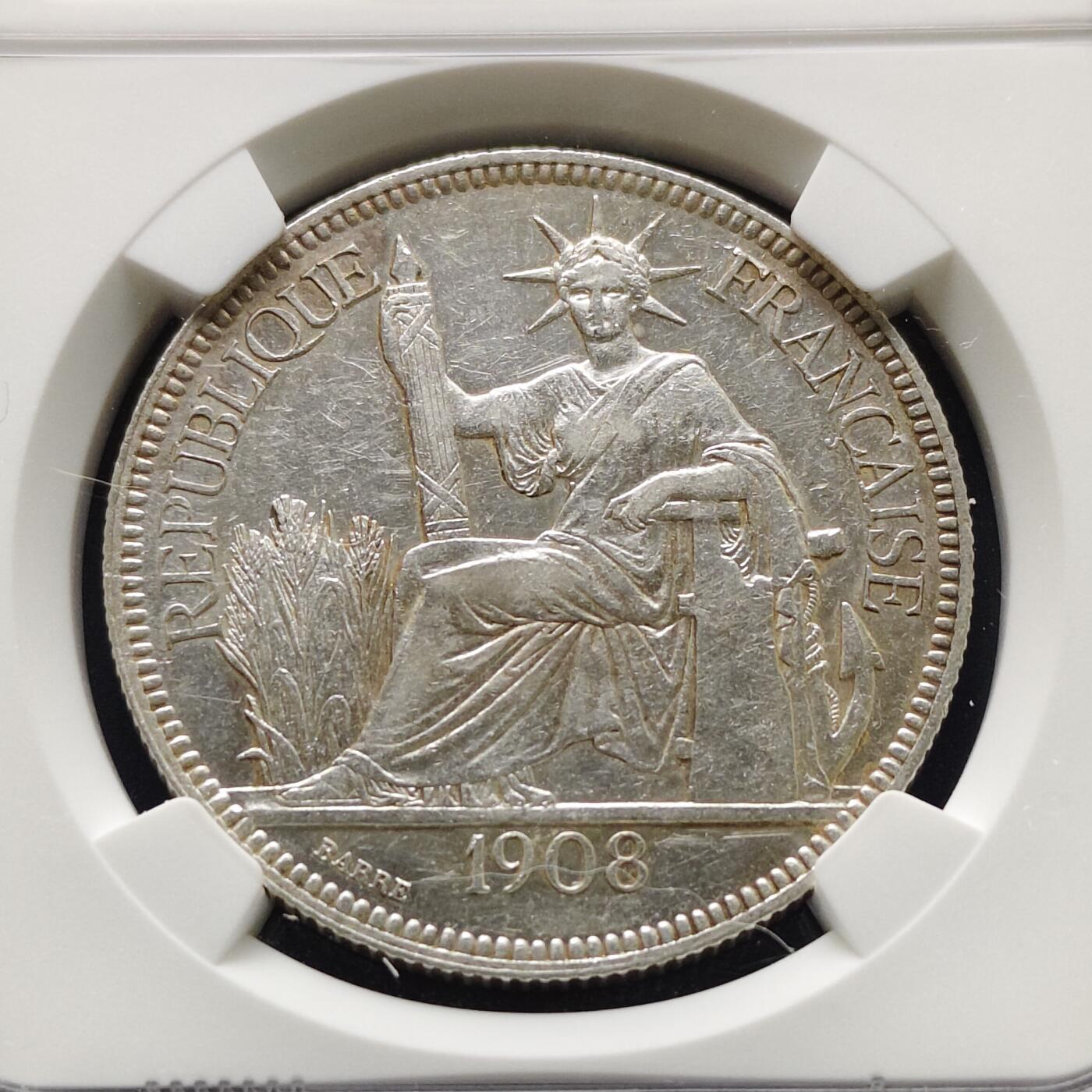 【全场包邮】纯粹捡漏拍519场 法属印支1908年1皮阿斯特坐洋银币【39毫米27克90%】-NGC AU DETAILS