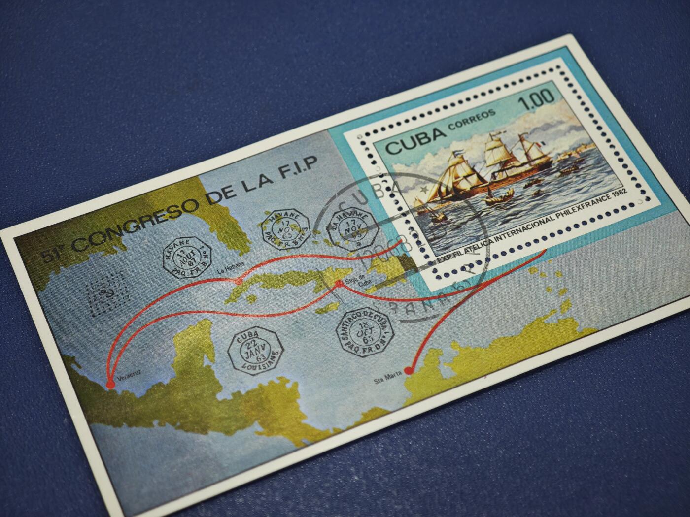 橙子收藏第八期(社会主义国家邮票专场) 一枚古巴1982年发行的“第51届国际集邮联合会（F.I.P）大会”小型张（Miniature Sheet），同时也是为纪念1982年法国巴黎国际集邮展（PHILEXFRANCE 82）发行的邮资凭证