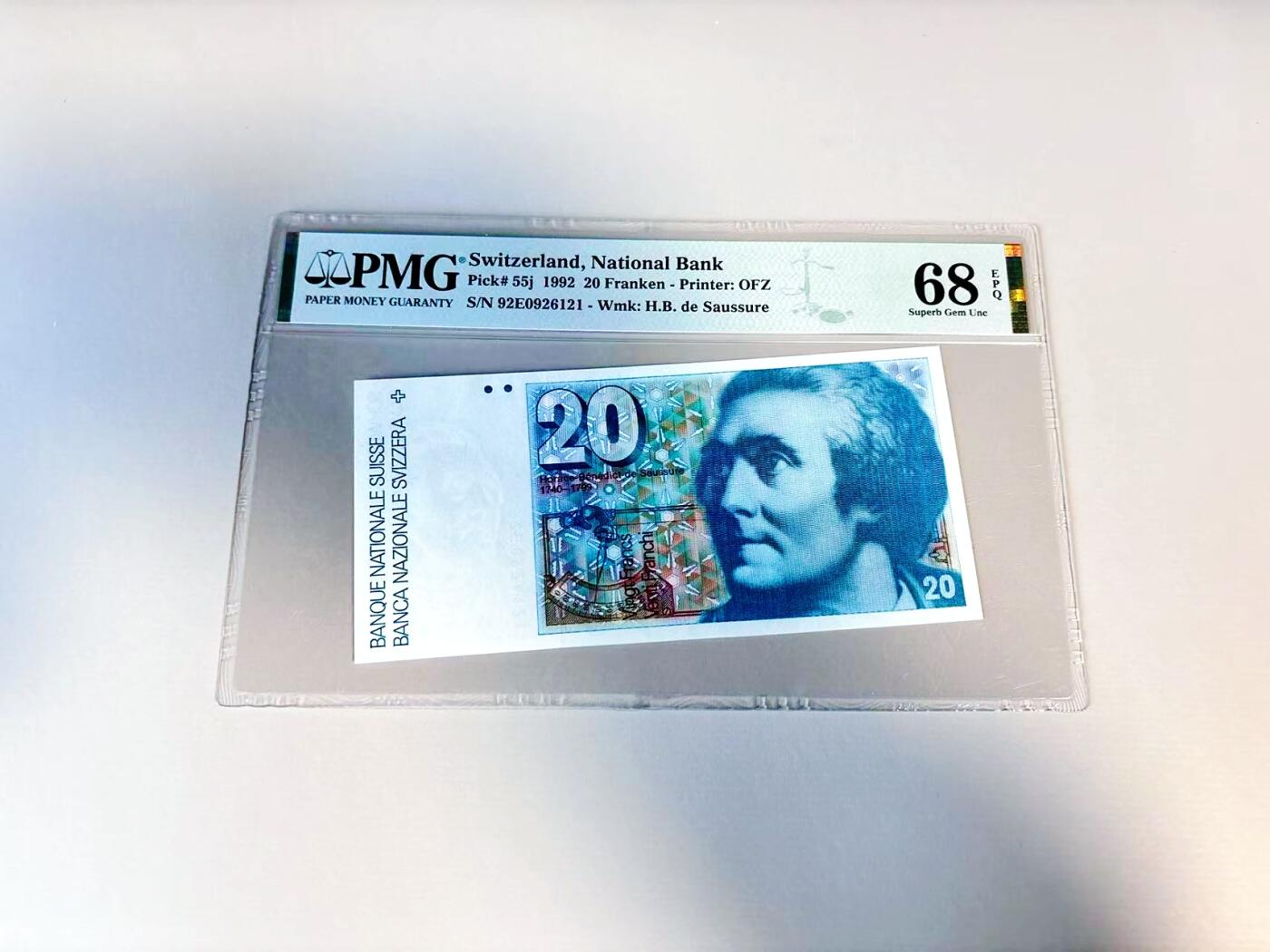 【Blue Auction】世界纸币精拍第807期——18级TOP拍卖/信誉/品质/专业/高效💫 【无47】瑞士 1992年20法郎 PMG68EPQ高分