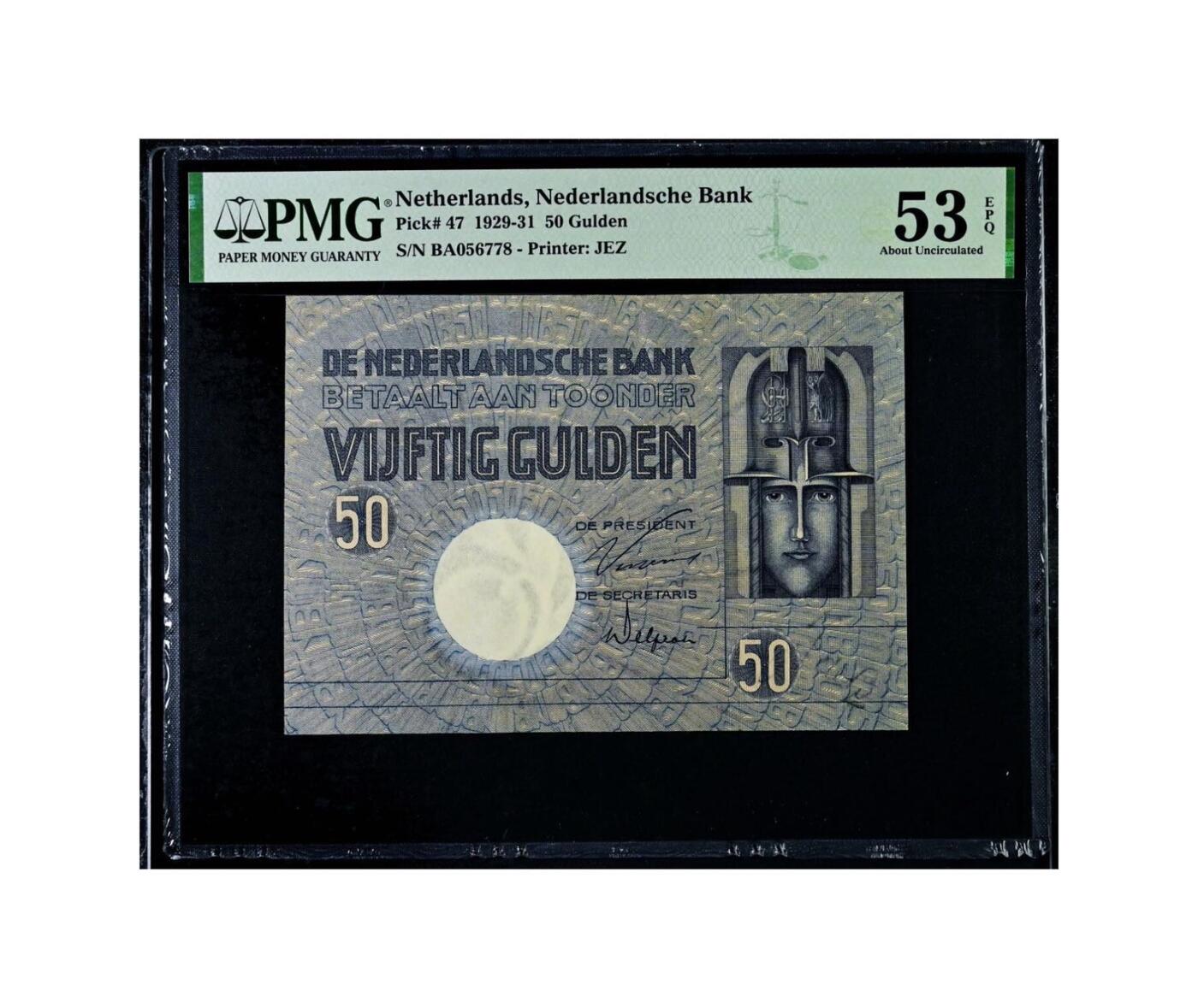 【Blue Auction】世界纸币精拍第807期——18级TOP拍卖/信誉/品质/专业/高效💫  荷兰 1929-31年50盾 罗马神话中的智慧、战争、月亮和记忆女神密涅瓦（Minerva）前卫的设计 PMG53EPQ 近新原票 
