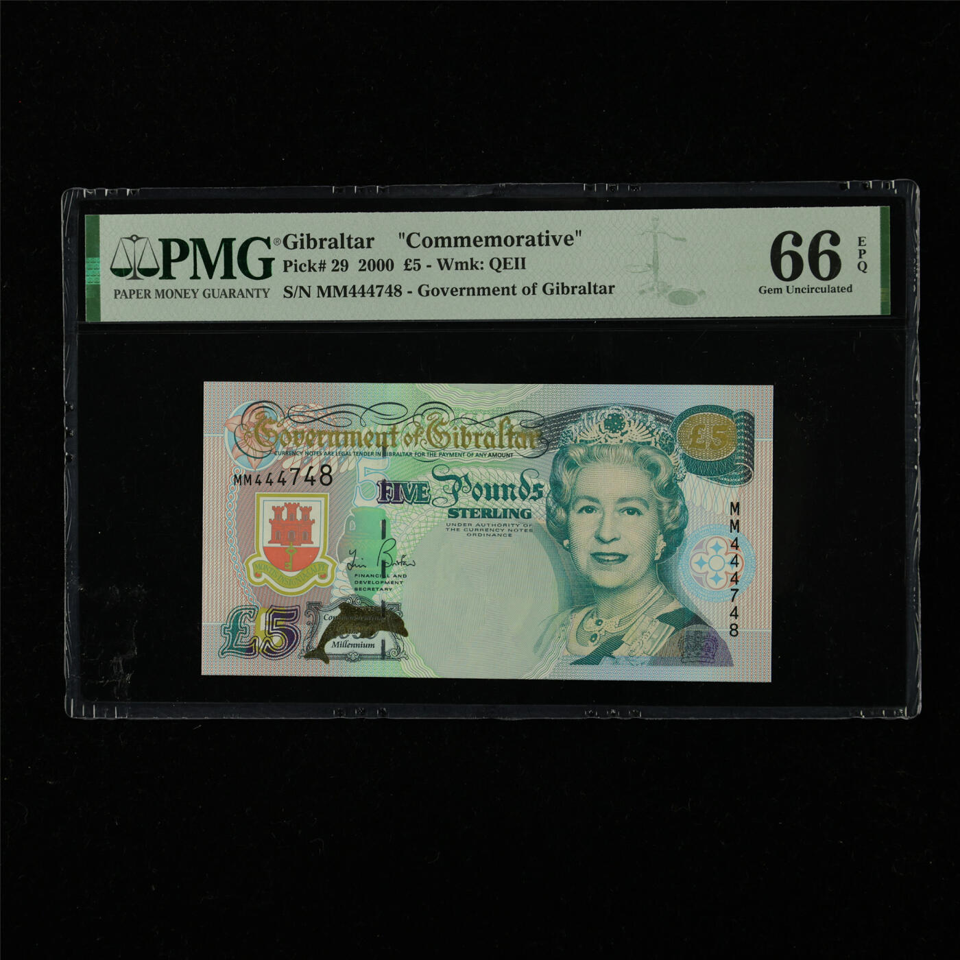 【亘邦集藏】第226期拍卖 2000年 直布罗陀纪念钞5镑 PMG 66EPQ MM444748